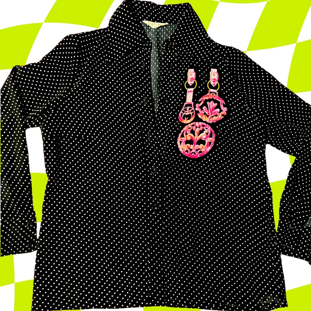 Vintage Polka Dot Blouse with Quirky Neon Pink Medal Accent